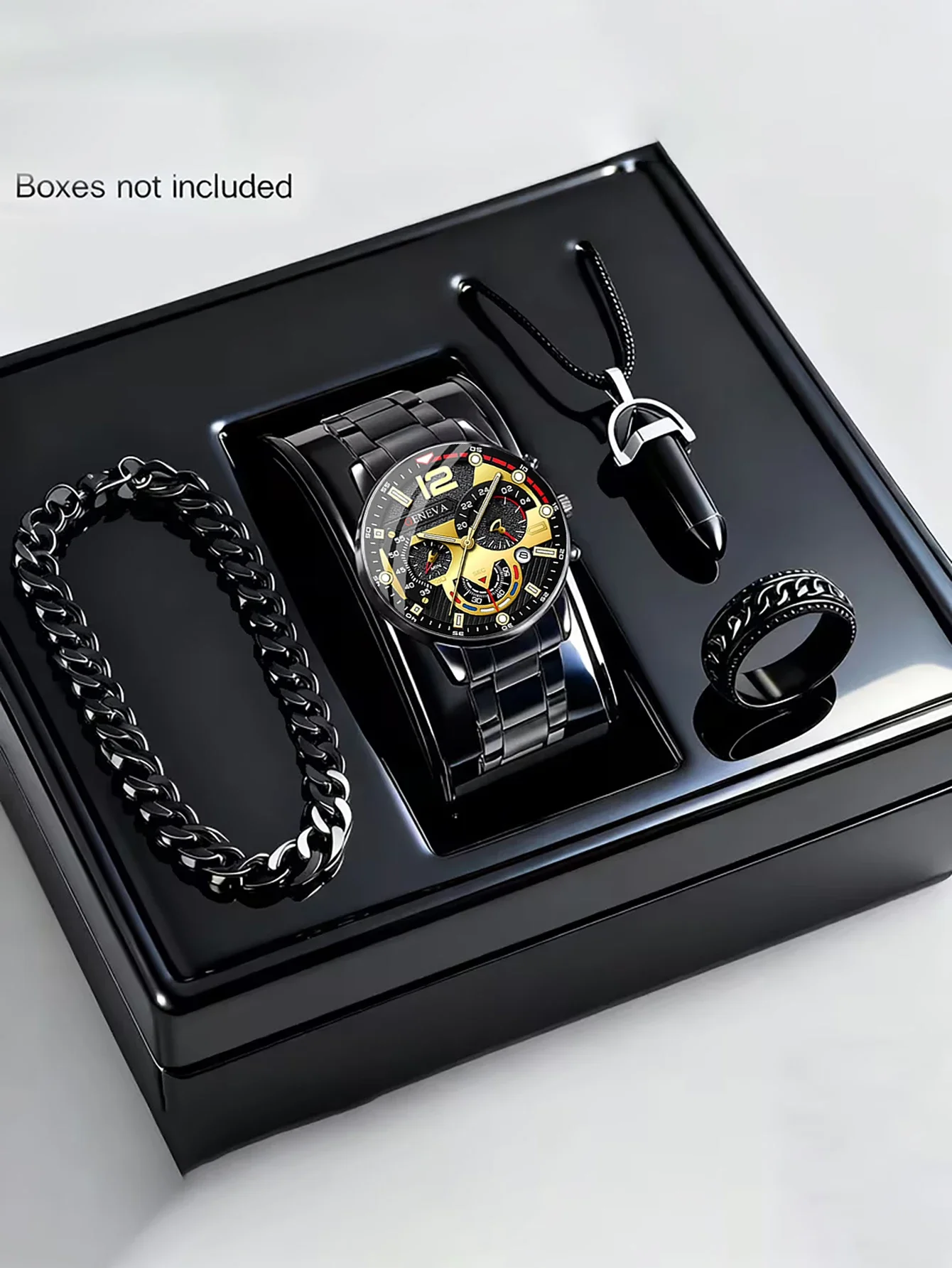 

Men's Trendy Quartz Watch Set, with Bracelet, Necklace, Ring, Calendar Function, Birthday Gift, Box Not Included
