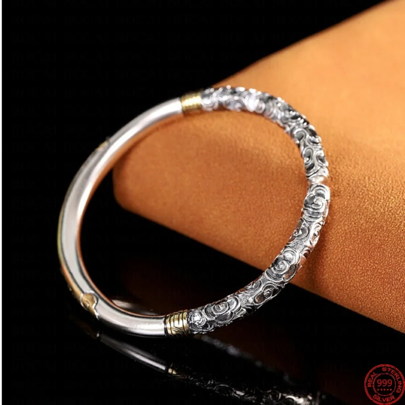 

S999 Sterling Silver Charms Bracelets for Women Men New Fashion Auspicious Cloud Totem The Ruyi Golden Hoop Stick Free Shipping