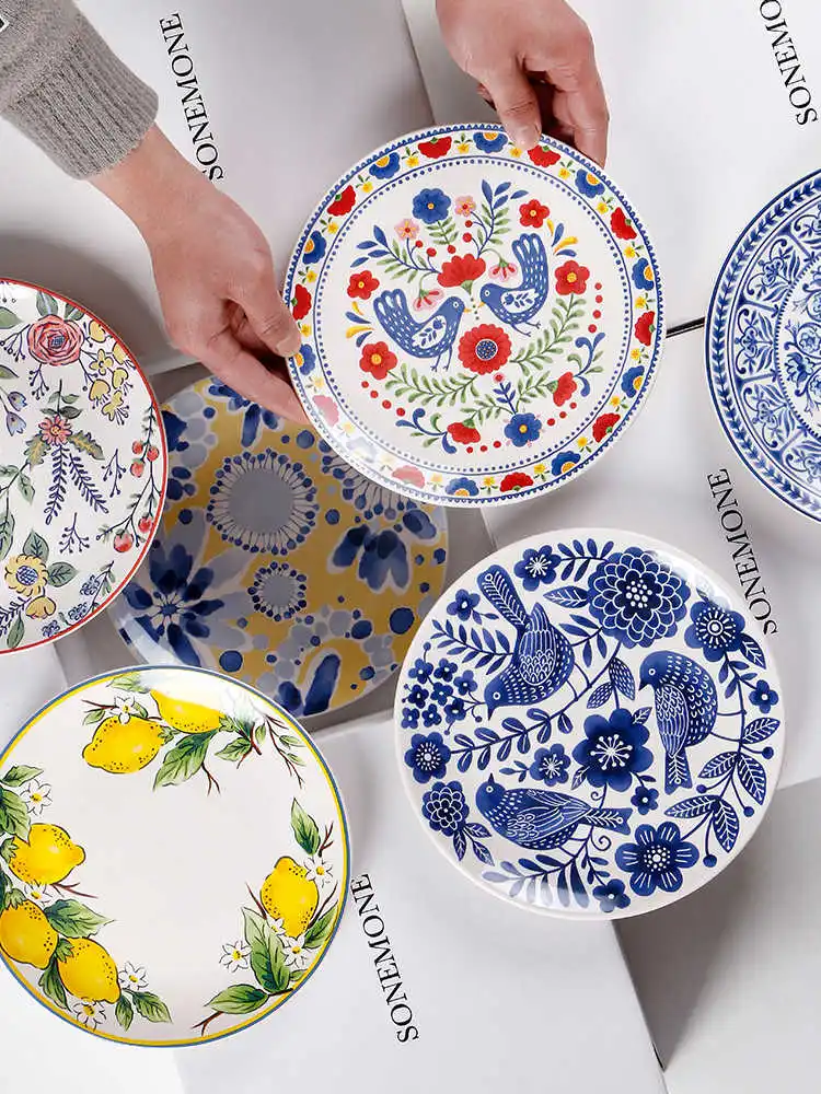 

Креативная окрашенная керамическая тарелка, бытовая тарелка для салата, круглое блюдо, высокая цветовая тарелка для завтрака, плоская тарелка для димэма, подарок