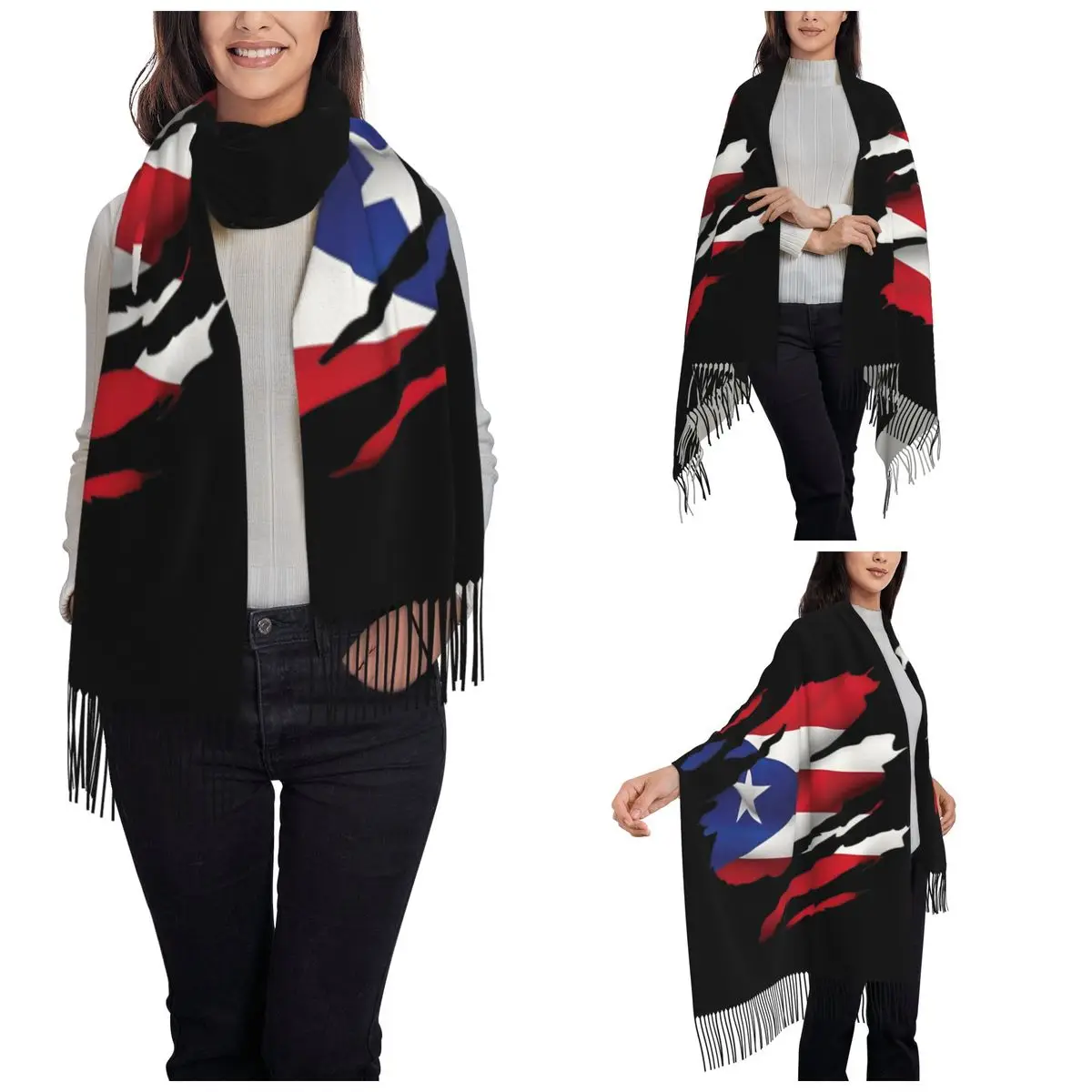 Womens Scarf with Tassel Puerto Rico Ripped Flag Large Winter Fall Shawl Wrap Gifts Cashmere Scarf