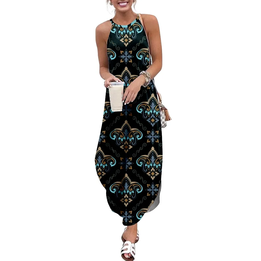 Women Maxi Dresses Vintage Pattern Printed Printed Sleeveless Women Causal Summer Beach Dress Sling Long Dresses Streetwear