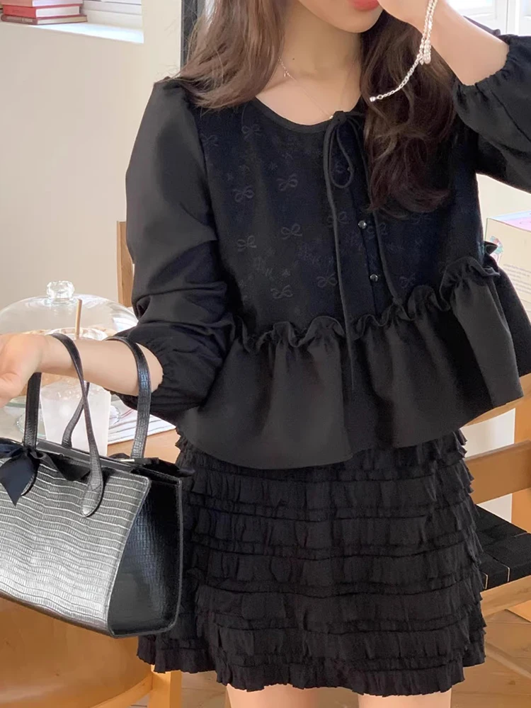 

Chic Spring Sweet Personali round Ne Knot Print Loose Splice Lace-Up Long Sve Women's irt Commute Sle Ko...