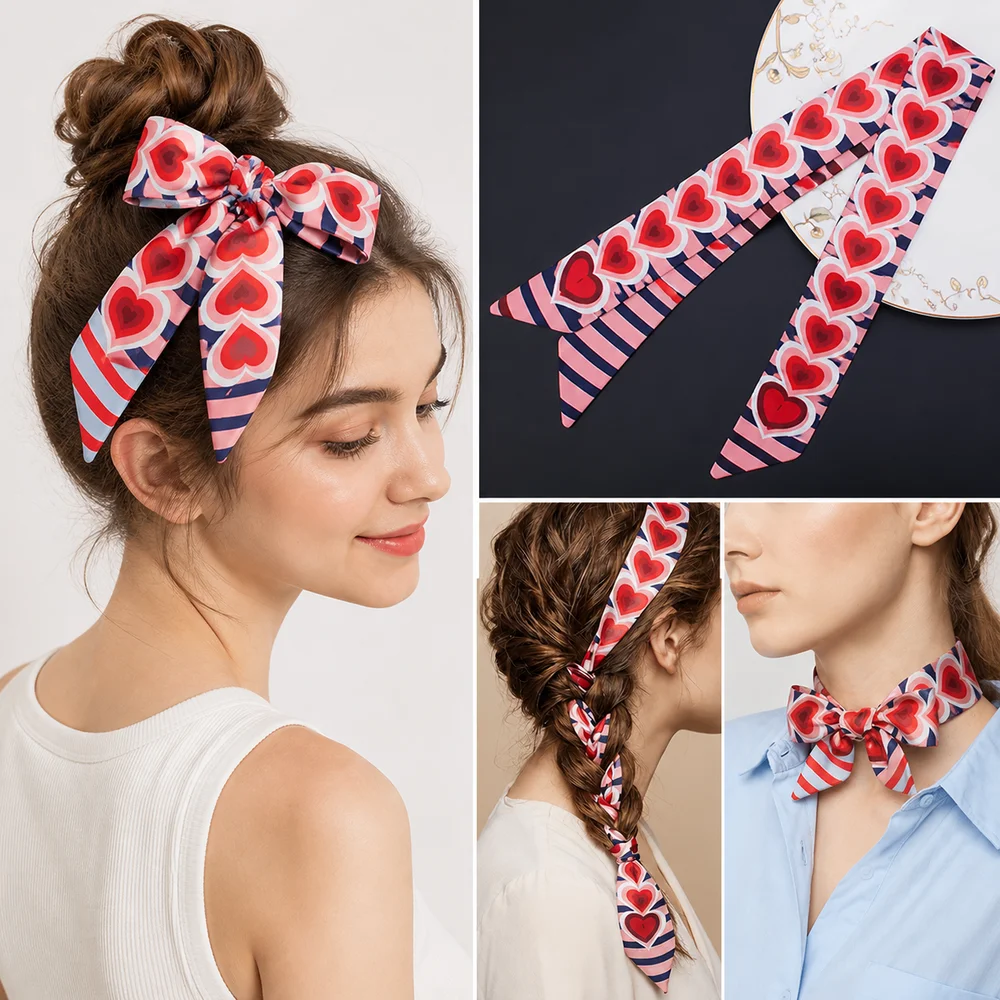 New Striped Slender Scarf Double Layer Heart Pattern Neck Scarf Small 120cm Length Headscarf Accessory Decoration
