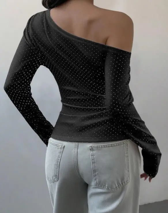 

Top Women 2026 Spring Summer New Fashion Polka Dot Print Versatile Diagonal Collar Long Sleeve Slim Fit Basic T-Shirt Top