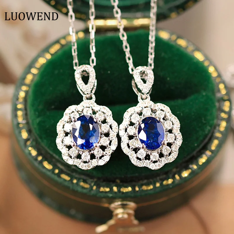 

LUOWEND 18K White Gold Pendant Women Natural Blue Sapphire Pendant Shiny Diamond Romantic Embroidery Ball Design Wedding Fine