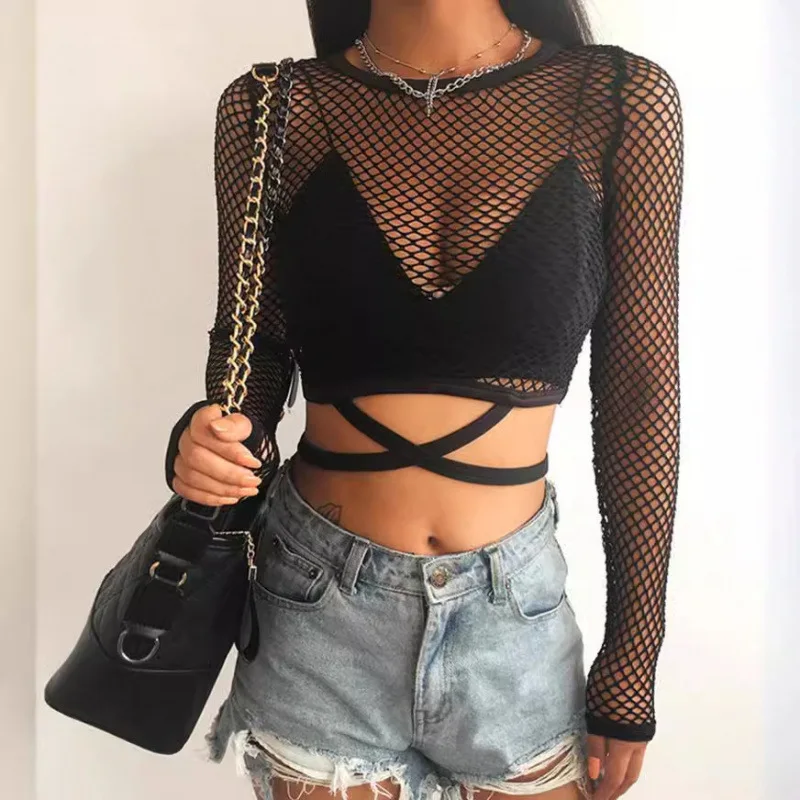 Y2K Mesh Splicing Shirt Women European American Cross Tie Hollow Sunscreen Sexy Perspective Exposed Navel T Shirt Top