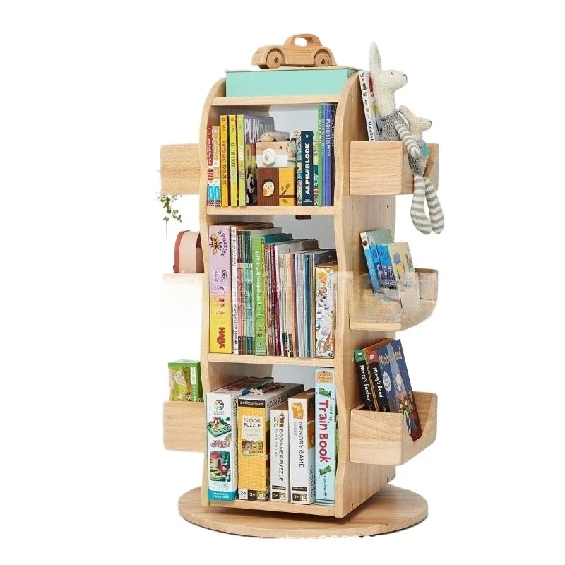 ins360-degree simple children's rotating storage solid wood bookshelf floor-to-ceiling picture book