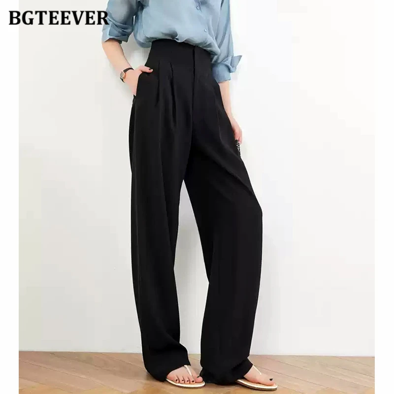 BGTEEVER Autumn High Waist Ladies Floor-Length Suit Pants Stylish Loose Pockets Wide Leg Trousers for Women