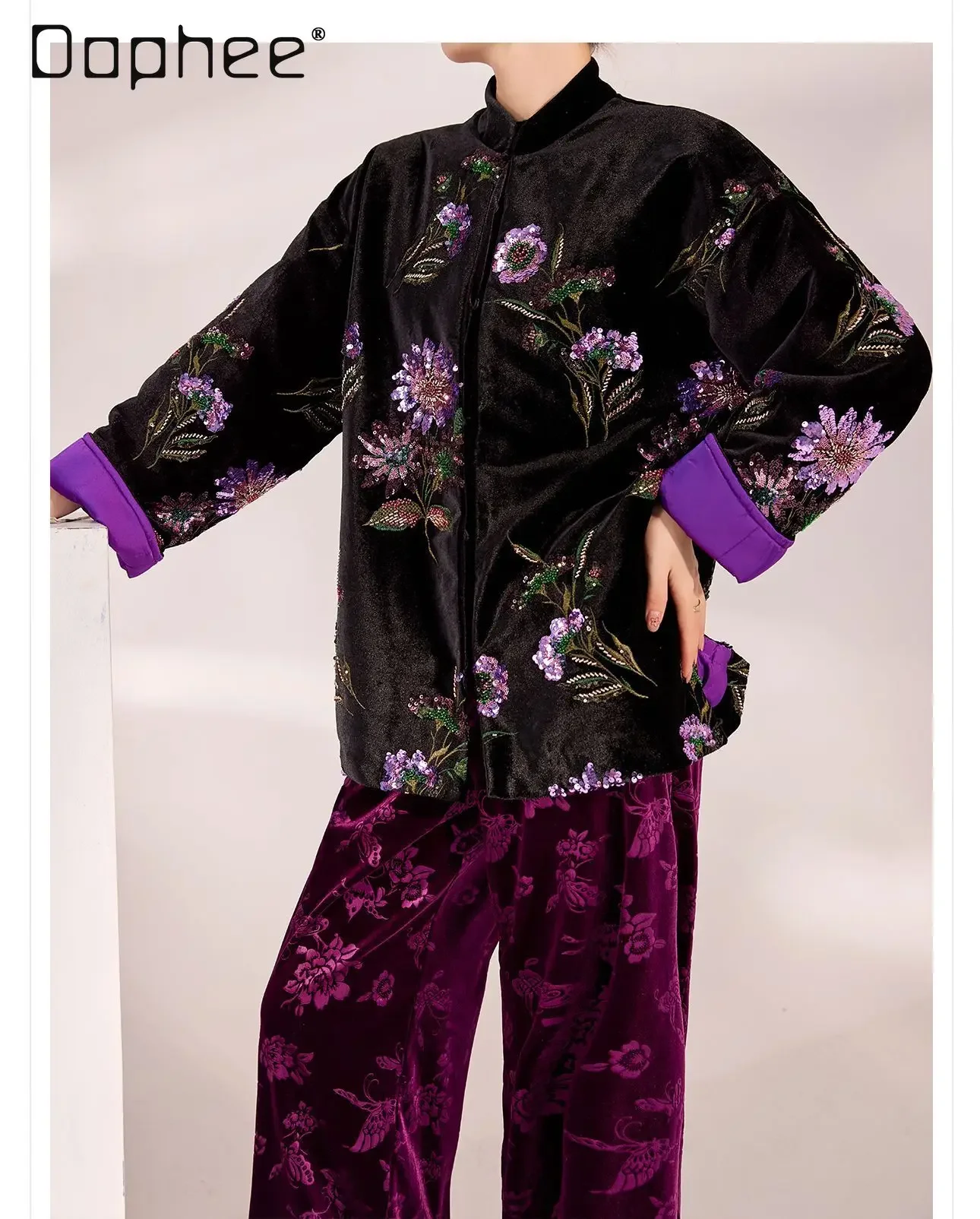 Spring New Chinese Embroidered Sequined Jacket Retro Colored Flower Thicken Coat Heavy Industry Ostrich Fur Patchwork Jackets