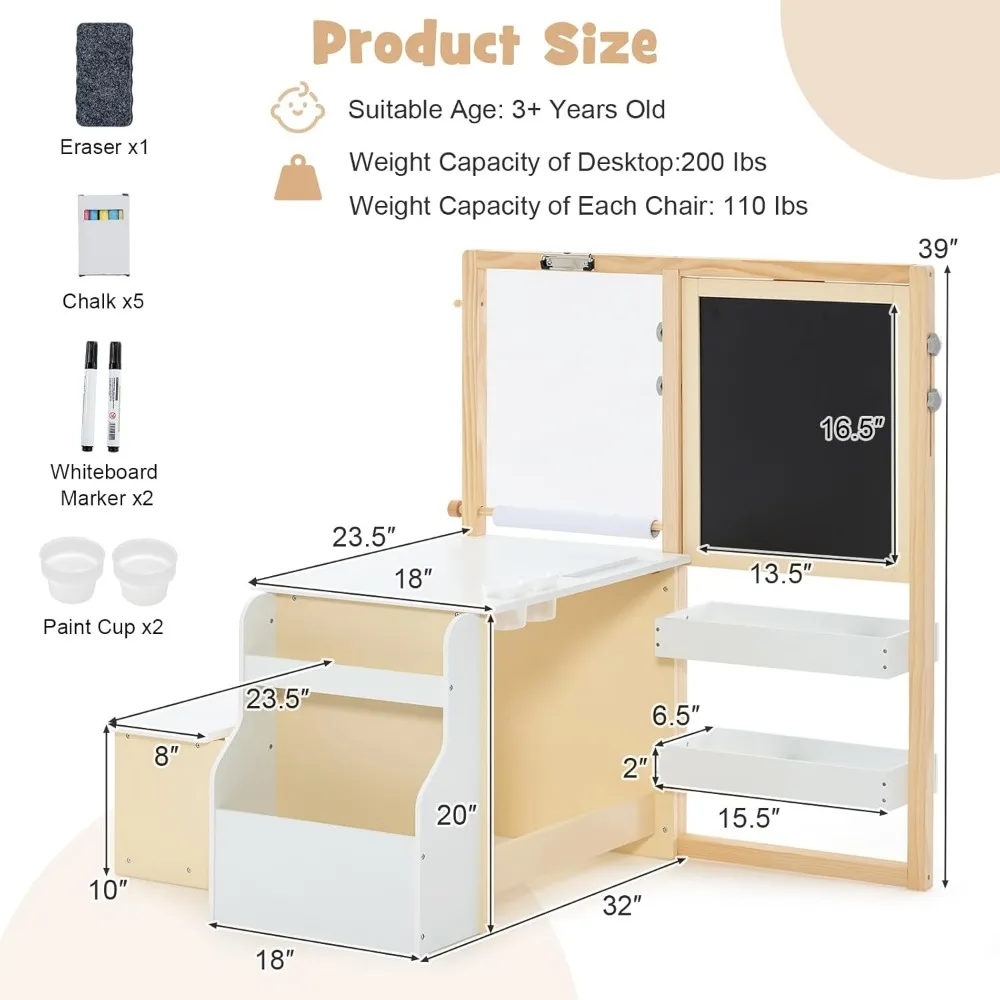 Juego de mesa y silla de Arte 3 en 1 para niños, escritorio de actividades de madera para manualidades y juegos para niños pequeños con pizarra de caballete de doble cara, pizarra blanca