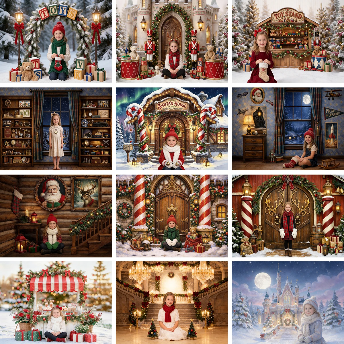 Christmas Photography Backdrop Polar Explorer Window Kids Cake Smash Props Birthday Photocall Props X-mas Ever Backgrounds