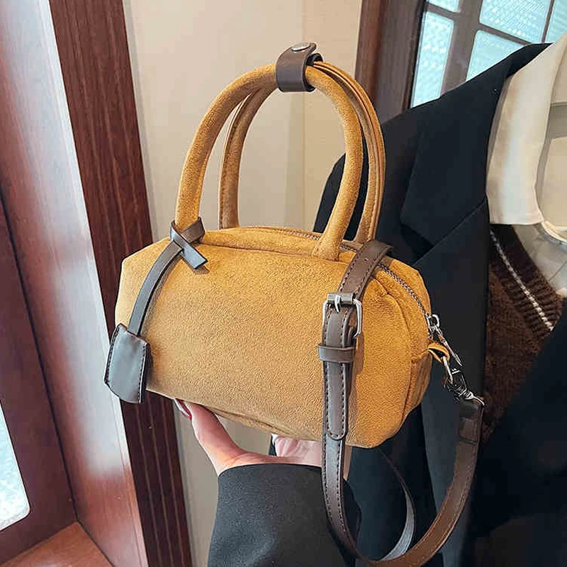 Retro Nubuck Leather Crossbody Bag  Women's Autumn Winter Versatile Tassel One Shoulder Bags Fashion Bowling Handbags