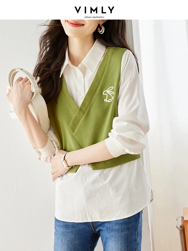 Vimly Fake Two Blouse for Women 2023 Autumn Fashion Turn-down Collar White Long Shirt and Green Knitted Vest Women Blouse M2560