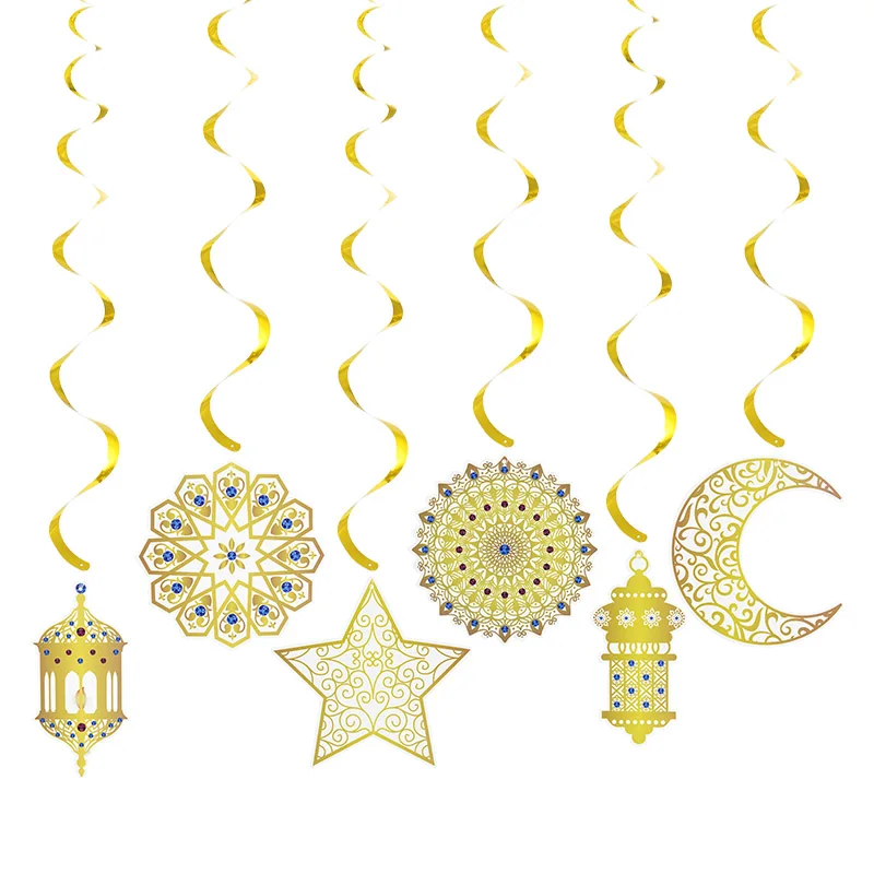 

Eid Mubarak Spiral Banner Islamic Muslim Gold Swirl Eid Pendant Bunting Hajj Mubarak Festival Party Ramadan Home Decor Supplies