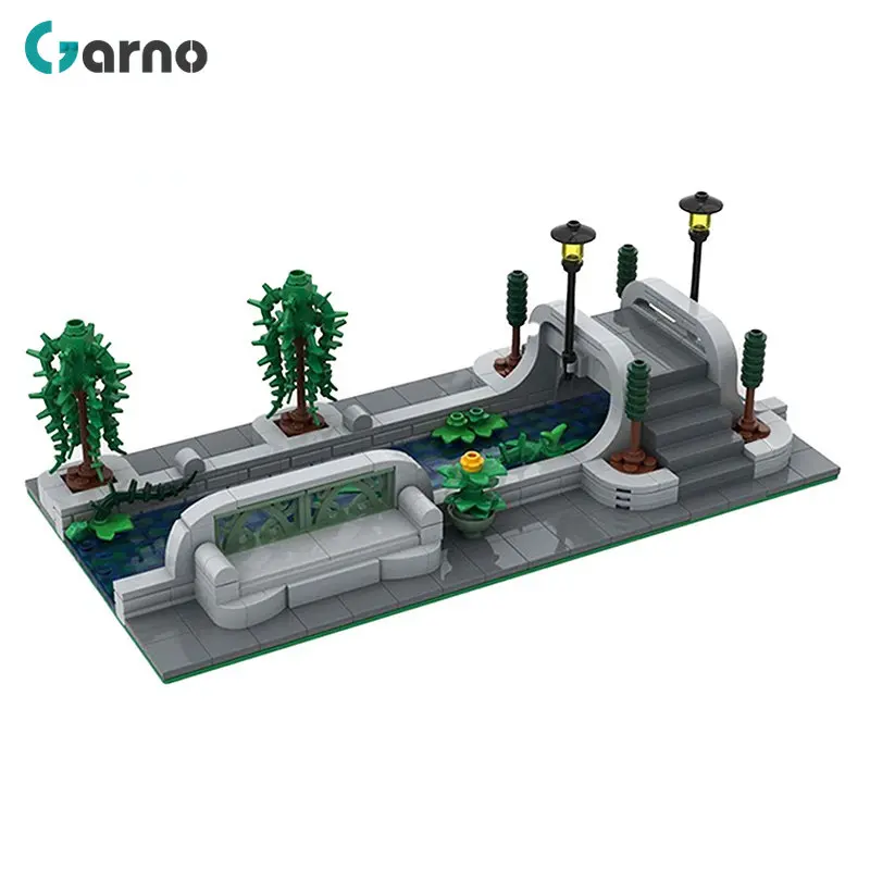 MOC City Street View Canal Building Block Set Park River Bridge Street LampBrick Scene Construction Block Toys