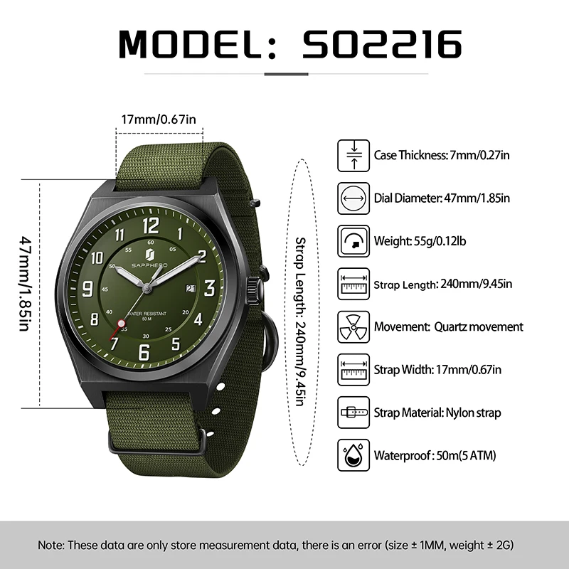 ساعة كوارتز رياضية للرجال من SAPPHERO طراز عسكري بمينا أخضر وعرض التاريخ وحزام جديلة 5ATM مقاومة للماء هدية للرجال #6