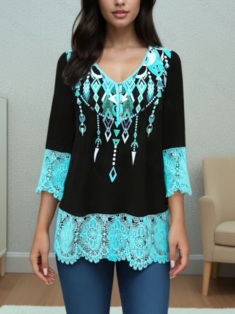 

Plus Size 1XL-5XL Women Fashion Floral Print V-neck Blouse Shirt Ladies Casual Elegant Blouse Long Sleeve Lace Detailing Shirt