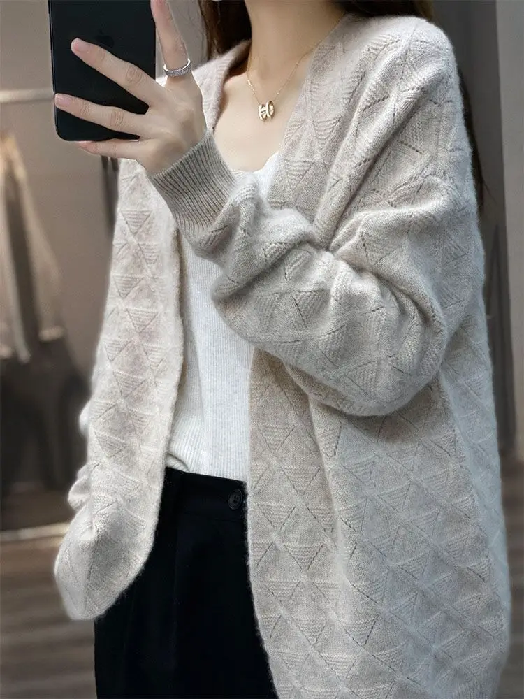 100% Pure Wool Women Sweater Autumn Spring New Diamond Pattern Cardigan Fashion Cashmere Casual Knitted Soft Jacket Tops