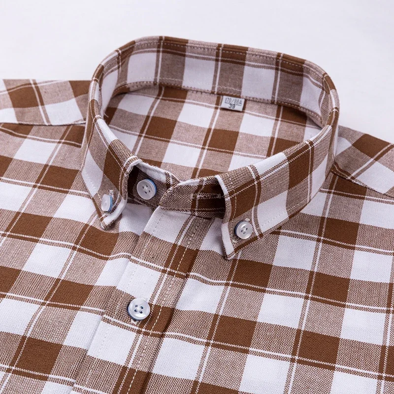 Men's Business Oxford Short Sleeve Shirts Cotton Casual Single Patch Pocket Standard Fit Button Down Solid Plaid Striped Shirt