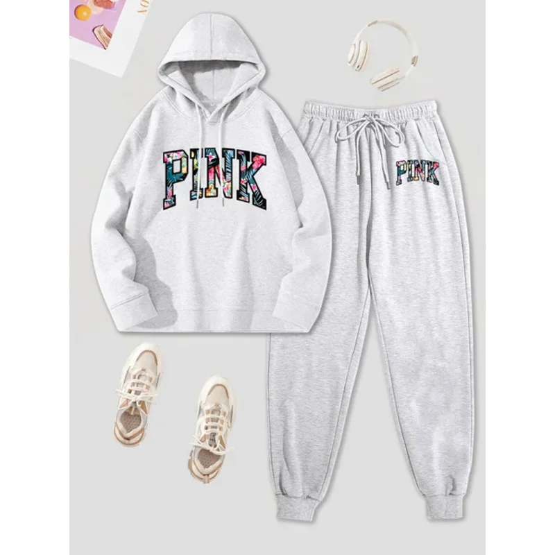 Letter Print two-piece set, drawstring hoodie and casual lace up waist jogging pants, women's clothing