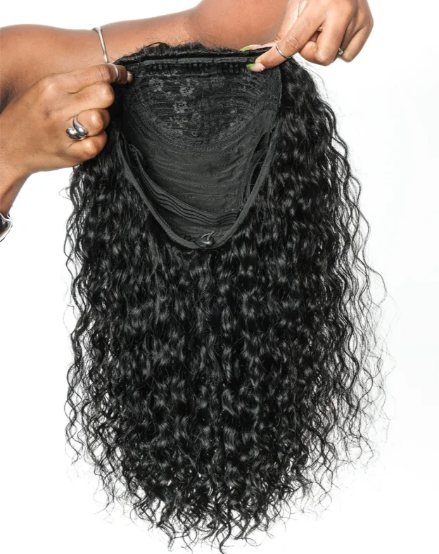 Curly Half Wigs No Lace Brazilian Human Hair Wear and Go Deep Wave Headband Wig 3 IN 1 Half Wig With Drawstring Seamless Clips