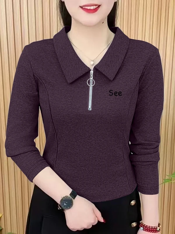 Camiseta de Manga Larga de Algodón Puro para Mujer, Estilo Coreano, Ajustada, con Cierre, Cómoda y Suave