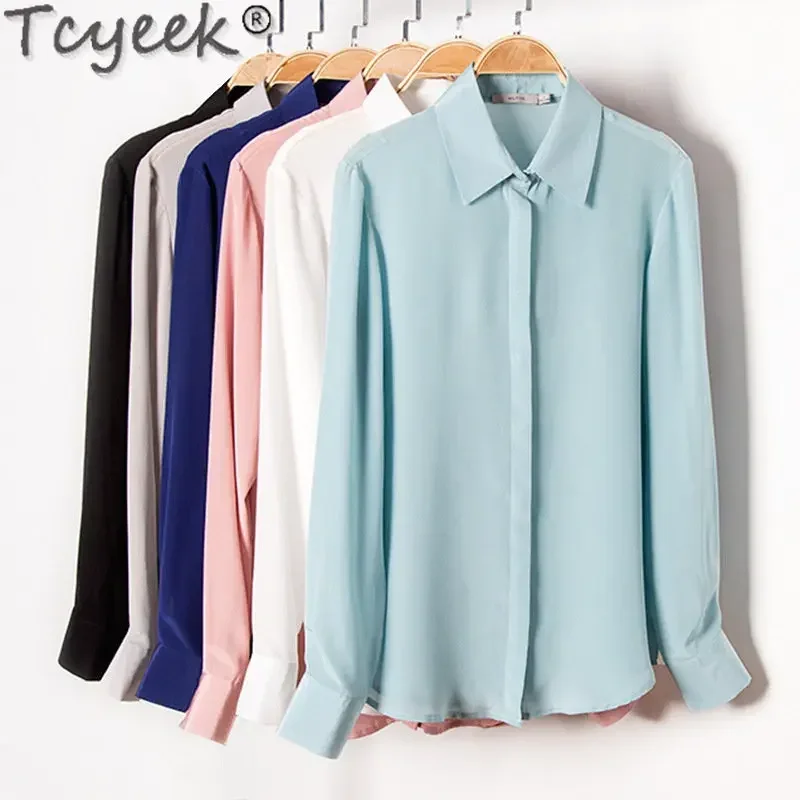 

Tcyeek Elegant Silk Shirts for Women 100% Mulberry Silk Blouse Long Sleeve Top OL Shirt Womens Tops and Blouses Camisa Mujer LM