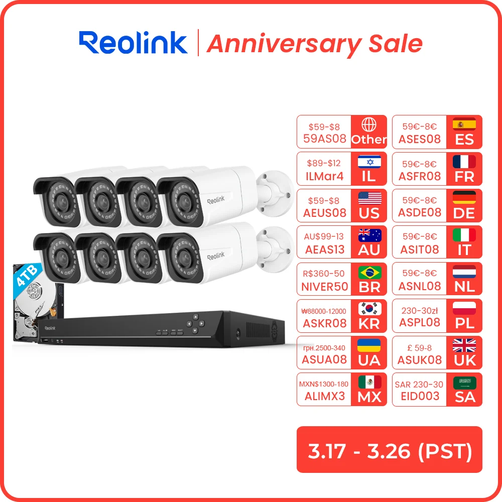 Reolink 4K Security Camera System 8pcs 8MP PoE Person Vehicle Detection IP Surveillance Camera H.265 16CH NVR for 24/7 Recording