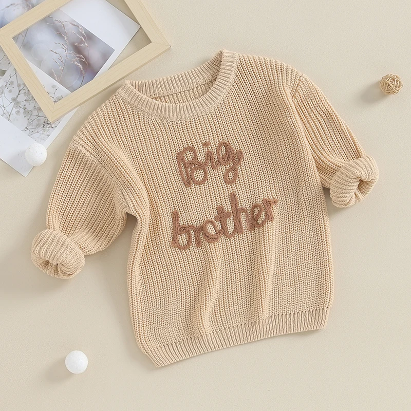 Brother Matching Clothes Embroidery Big Little Brother Jumper Knitted Sweater Kid Toddler Baby Boy Pullover Top