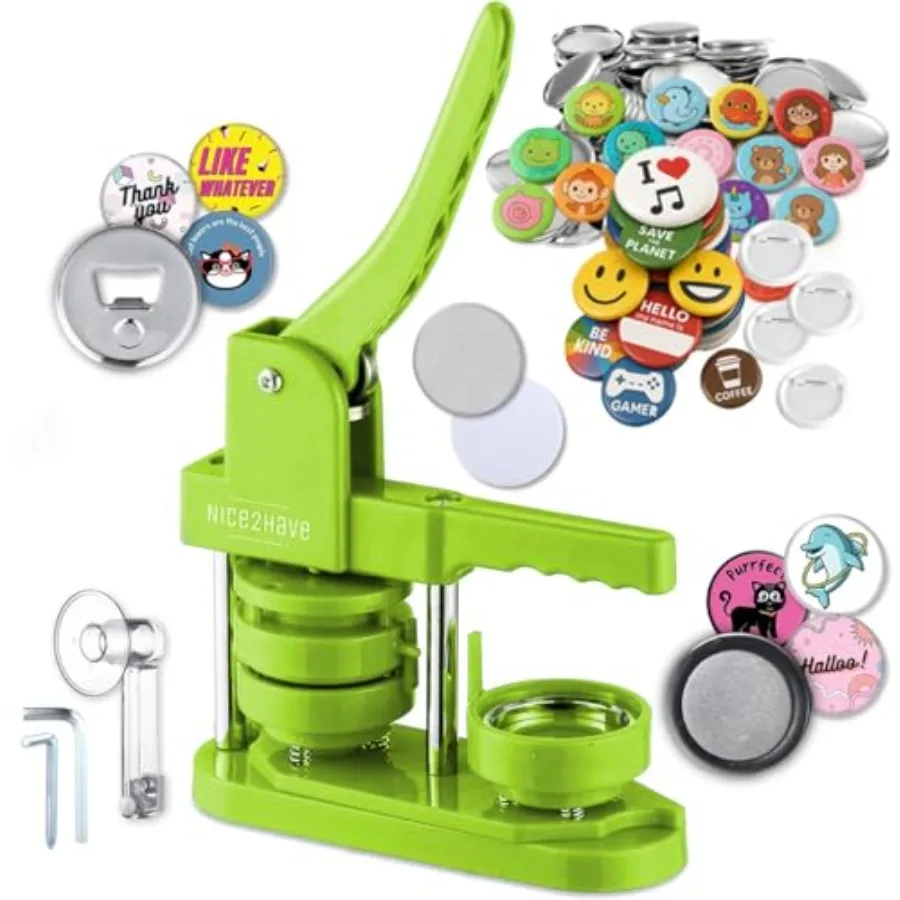 

Button Maker Machine 2.25 Inch 58mm Single Mold Pin Maker Machine Kit with 100 Buttons 5 Fridge Magnets 5 Bottle Openers Cutter