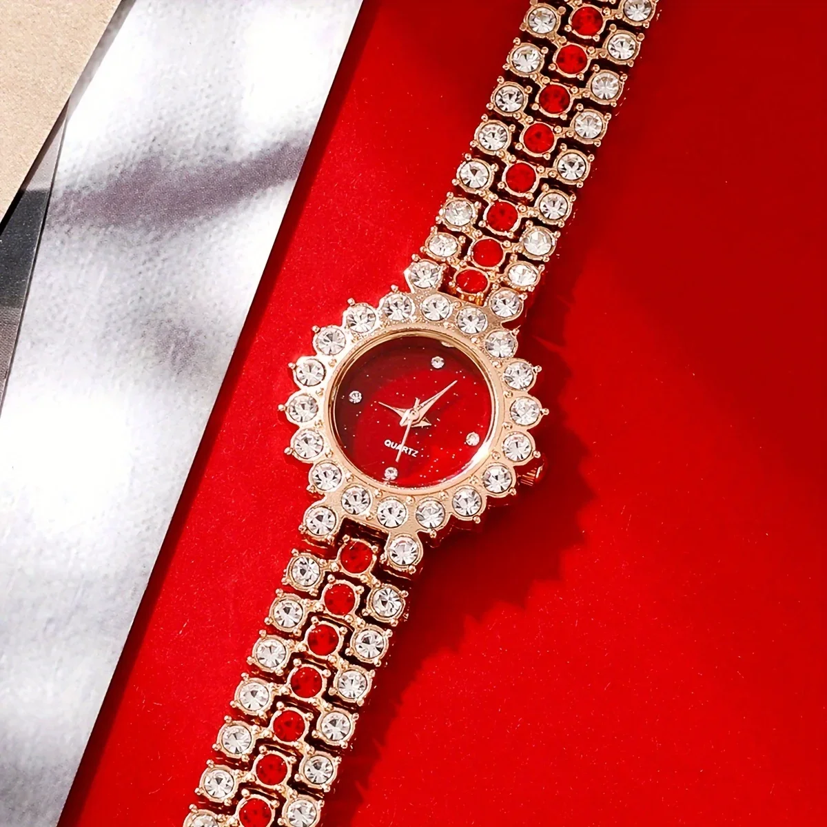 2 unids/set reloj de mujer reloj de pulsera de cuarzo con diamantes de imitación de lujo y pulsera de cereza, regalo para mamá y ella