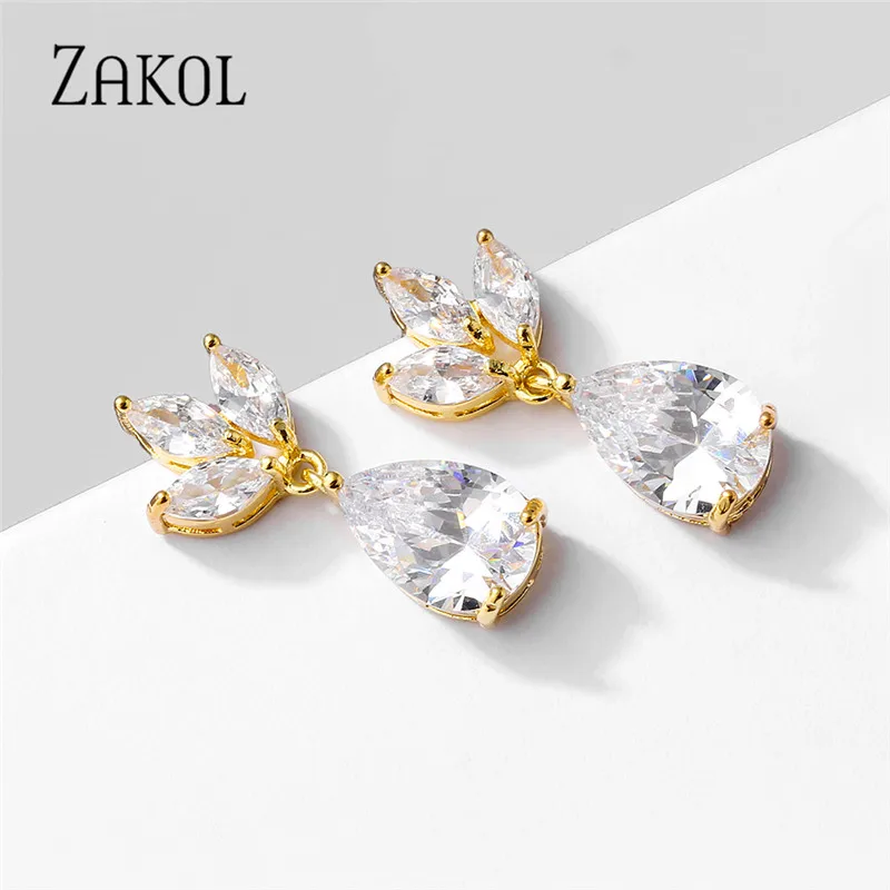 ZAKOL Sliver Color Crystal Water Drop Earrings for Women Cubic Zirocn Leaf Bridal Earring Wedding Jewelry Wholesale EP2398