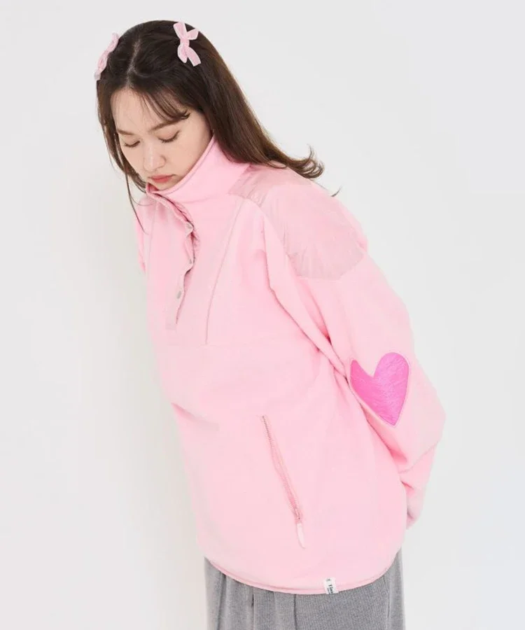 Japanese Contrasting Color Heart-shaped Embroidered Polar Fleece Hoodies Women's Spring and Autumn Stand-up Collar Loose Red Top