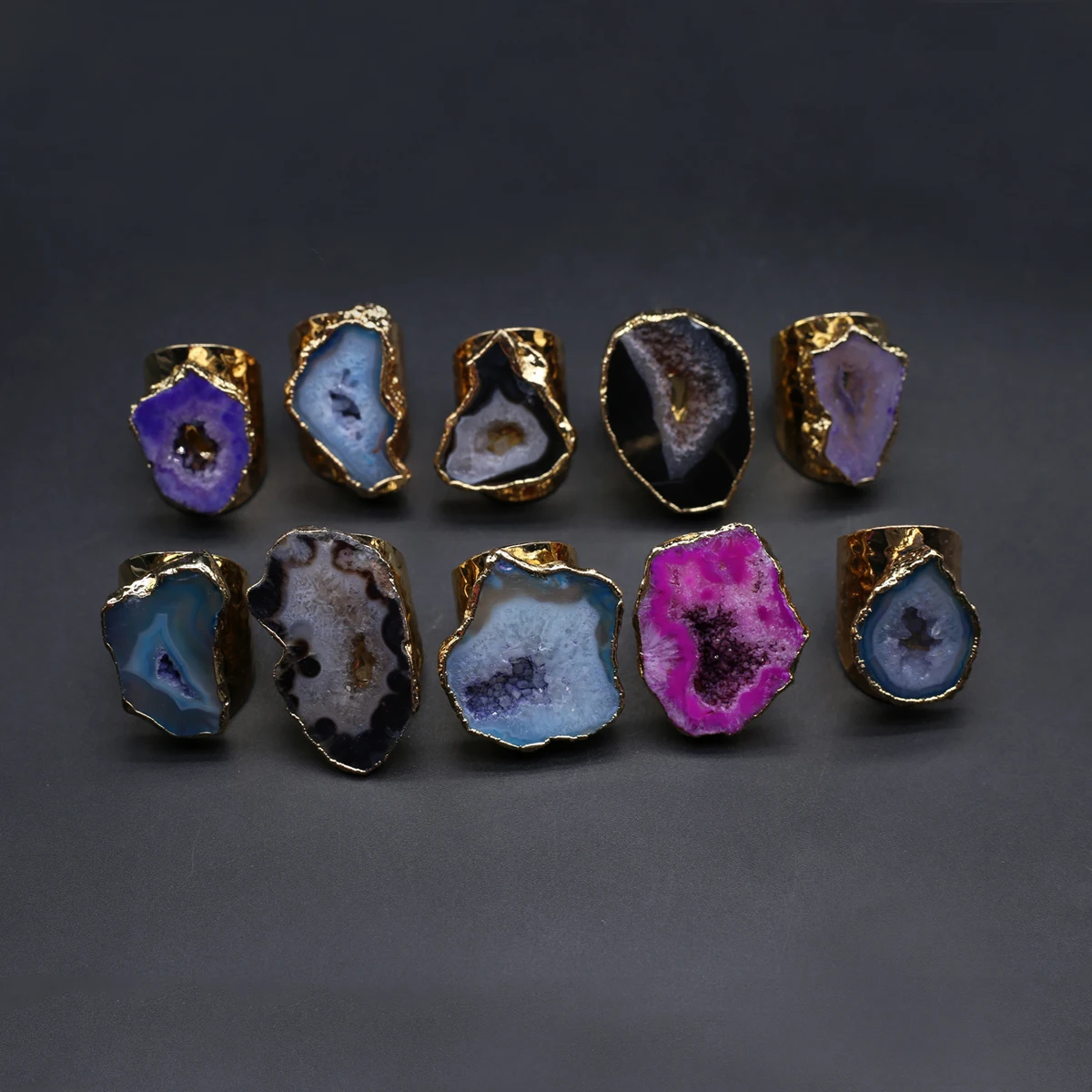 4PCS Natural Embryo Agate Random Color Irregularly Shaped Crystal Druzy Adjustable Size Ring Charm Jewelry Accessories for Gifts