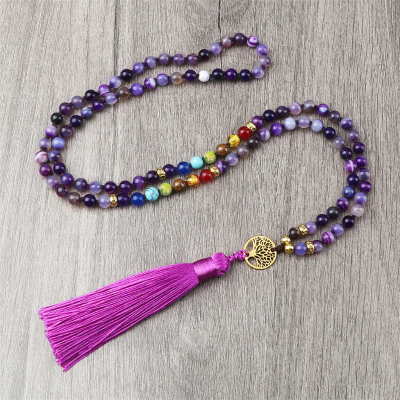 Natural Purple Agates Stone Necklace For Women Girls 7 Chakra Reiki 108 Japamala Mala Beads Knotted Tassel Long Necklace Jewelry