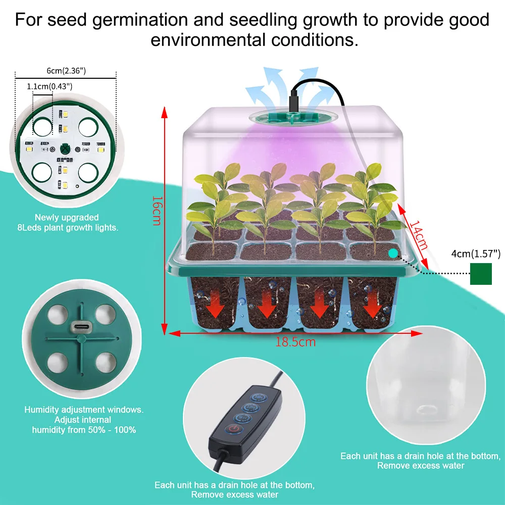 Smart LED Grow Light Nursery Box Plant Flower Seed Starter Trays Home Greenhouse Growing Lamp 12 Cell Seedling Pots Timer Kit