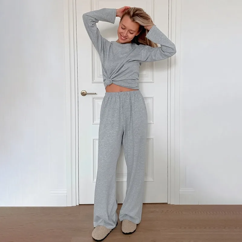 

Женские серые брюки с длинными рукавами, пижамный комплект из 2 предметов, новая вязаная одежда для отдыха на осень-зиму, 2025 год, Европа, Америка, стиль