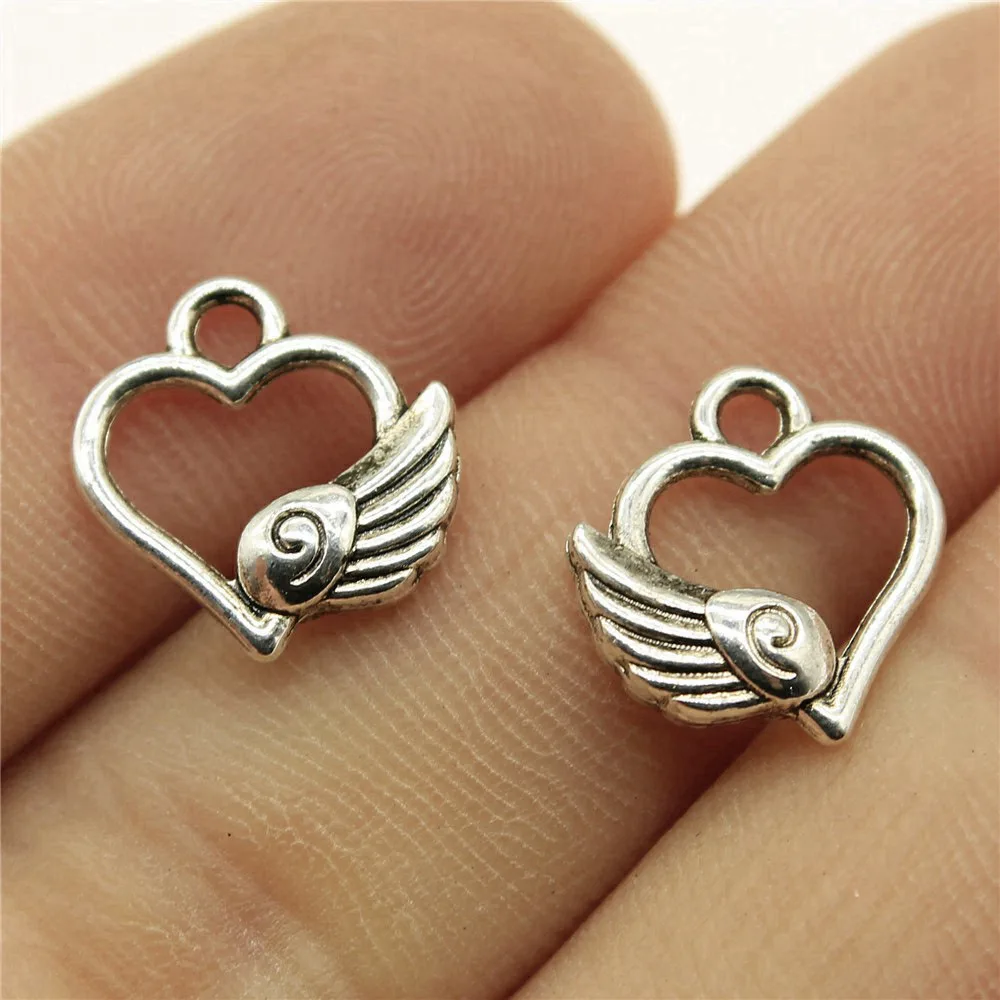 20pcs/lot 14x12mm Angel Wing Heart Charms For Jewelry Making Antique Silver Color 0.55x0.47inch