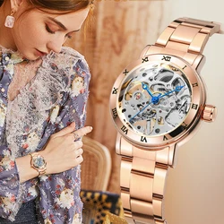 Reloj exquisito de acero inoxidable con esfera de esqueleto Winner, reloj de moda dorado rosa para mujer, reloj mecánico resistente al agua de marca de lujo