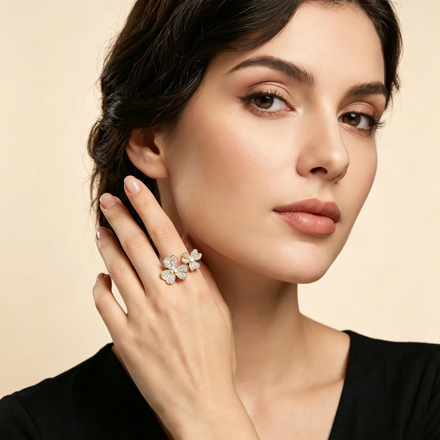 Trendy Double Flower CZ Open Ring Gold Plated Adjustable Sta