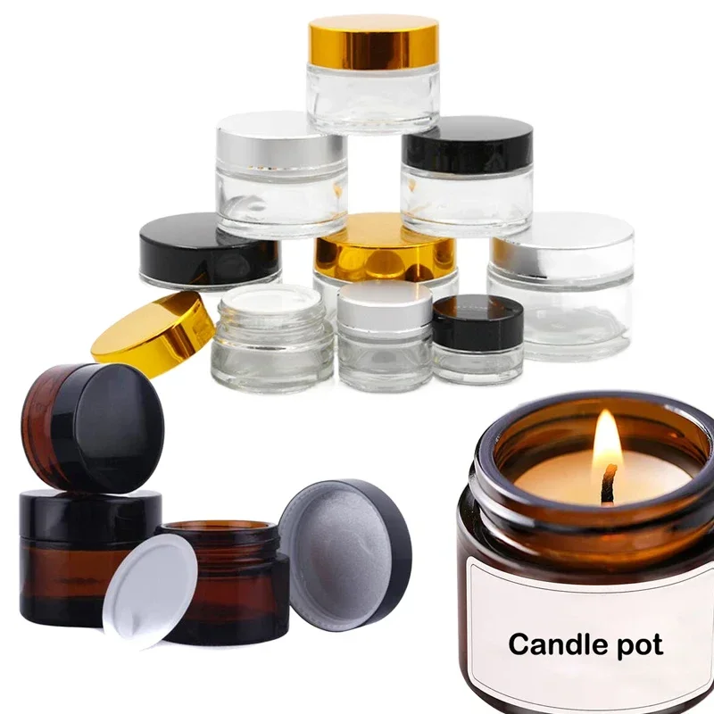 5Pcs 5g-100g Mini Amber Round Glass Creams Jars Pots W/ Inner Liners & Lids Make up Vials For Lotion Powders Candle Storage