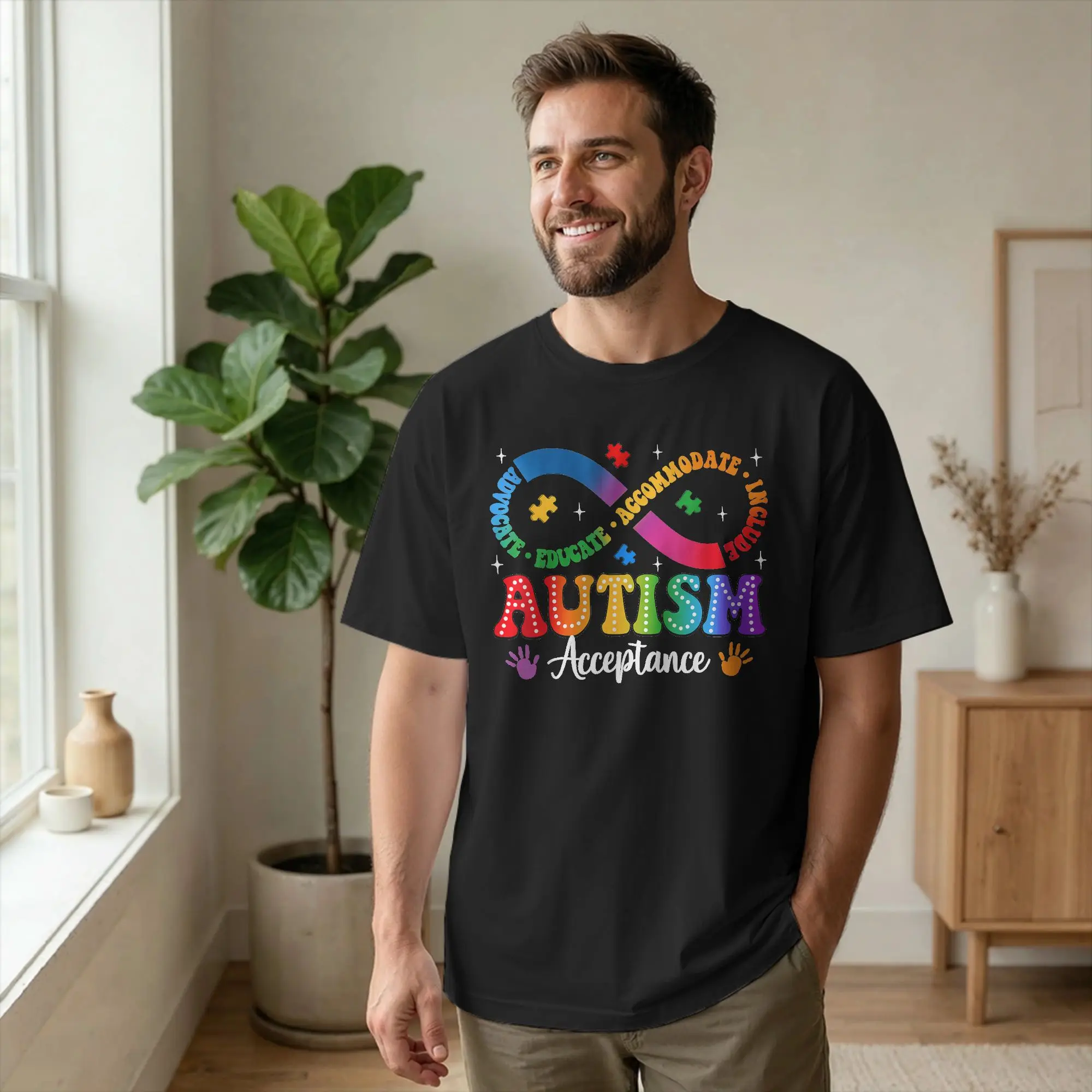 Autism Awareness Acceptance Infinity Symbol T Shirts Men's Cotton Funny T-Shirt Round Neck  Tee Shirt Short Sleeve Tops Unique