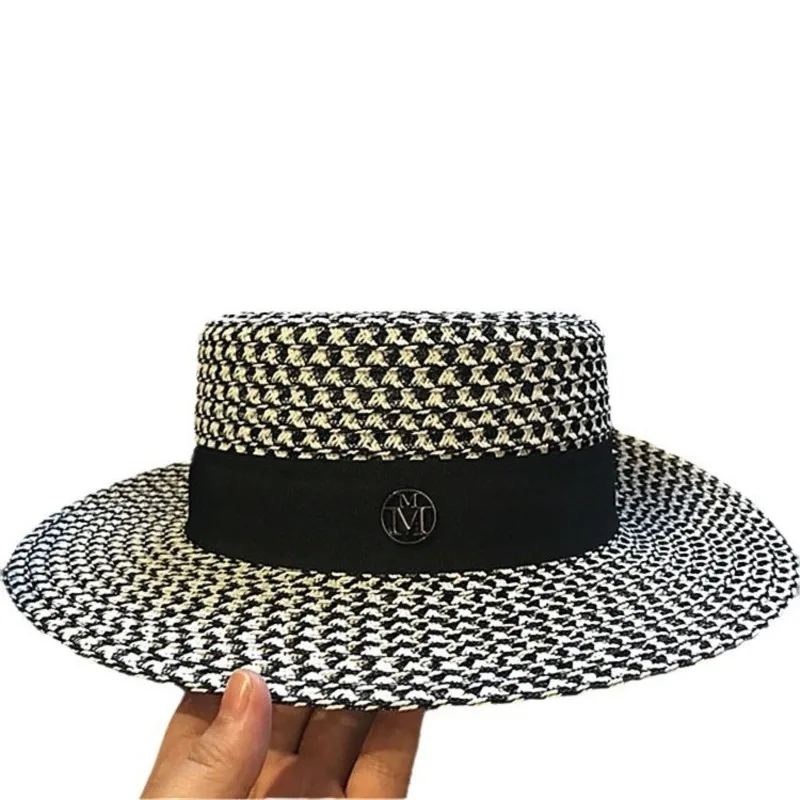 

New spring and summer checkered woven flat-topped hat sunshade wide-brimmed top for women