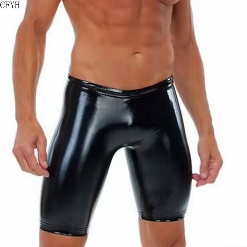 New Faux Leather Men Shorts Black Sexy Tight Boxer Casual Male Fashion Clothes Fitness Gyms Sport Thin Short Pants