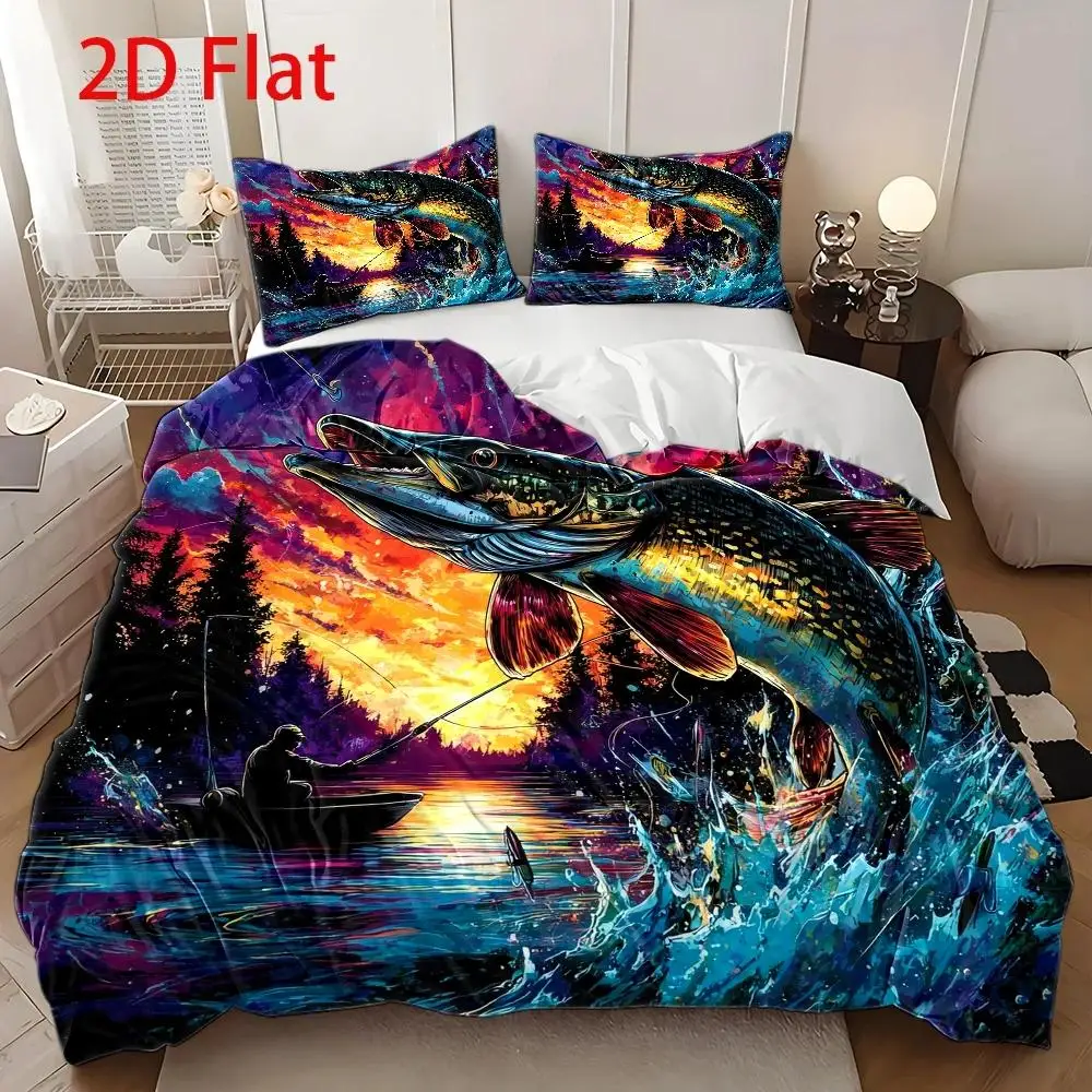 3Pcs Duvet Cover Set, 1 Duvet Cover + 2 Pillowcases, No Filler, 2D Flat Printing, 3Pcs Duvet Cover Set, Fish Leaping Theme Patte