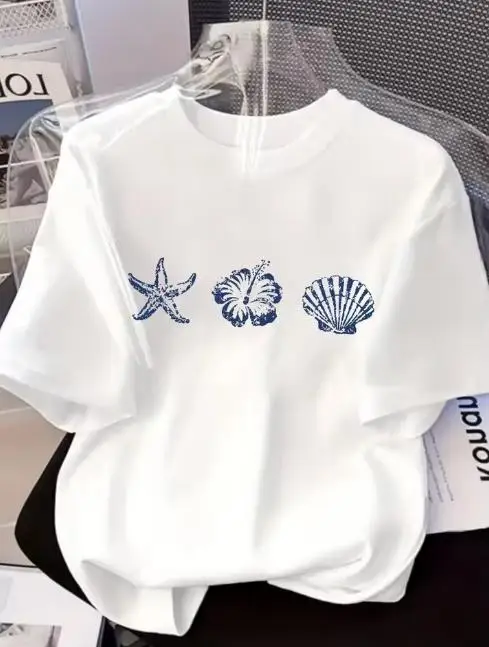 Summer Beach Women T Shirt Vintage Blue Distressed Starfish Hibiscus Seashell Coastal Graphic Short Sleeve White Tee Tops