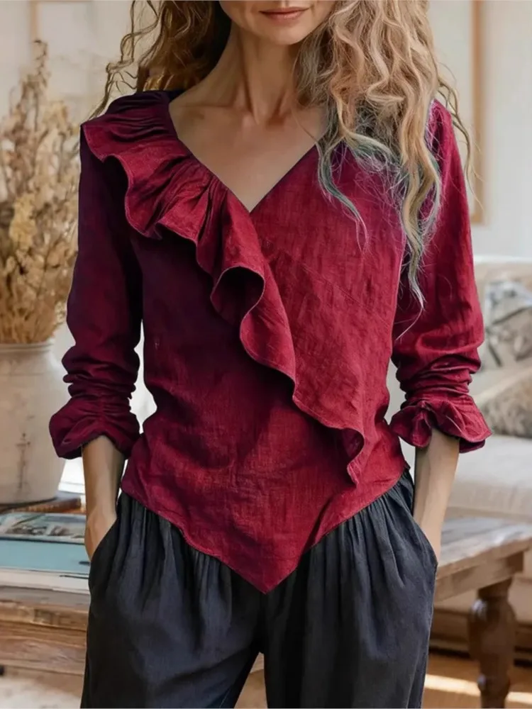 Fashion Retro Cotton Linen Ruffled Women's Long-sleeved Shirts Spring Autumn New Casual Loose V-neck Versatile Female Tops 2026