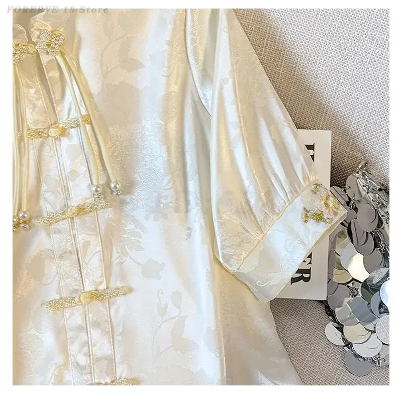 

Elegant Jacquard Blouse Satin Vintage Tang Clothes Top New Chinese Style Shirt Summer Traditional Costume Loose Qipao Shirts