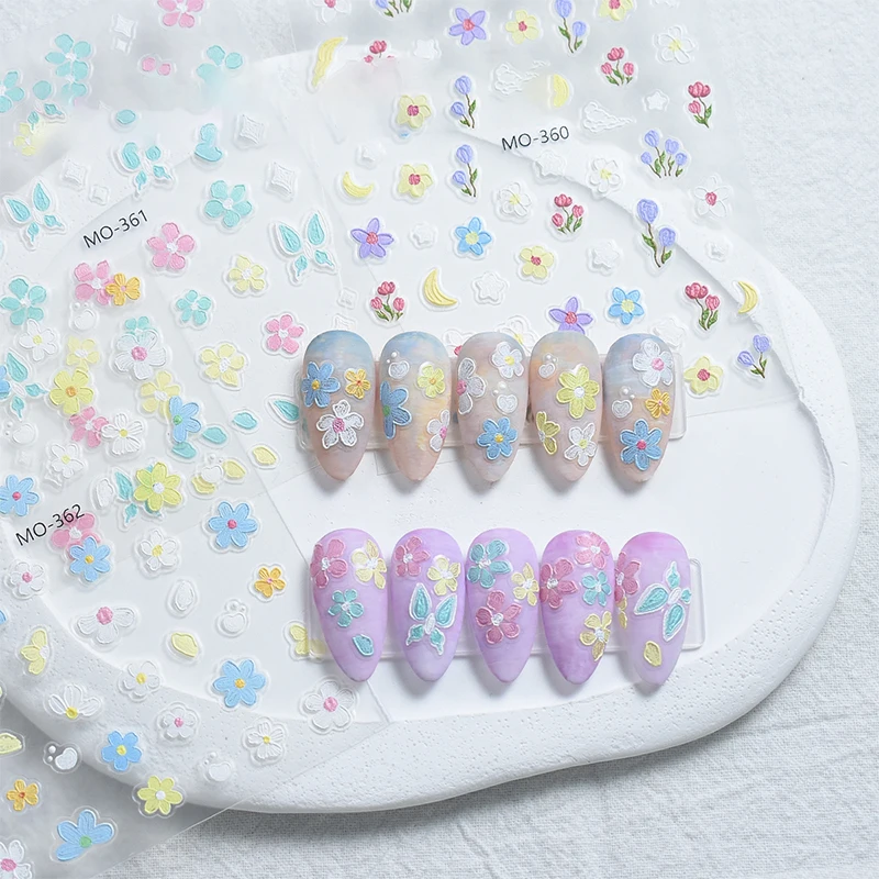 Kawaii Colored Beautiful Daisy Flower Nail Stickers White Wildflower Sunflower Embossed Nail Art Decals Decorations DIY Manicure