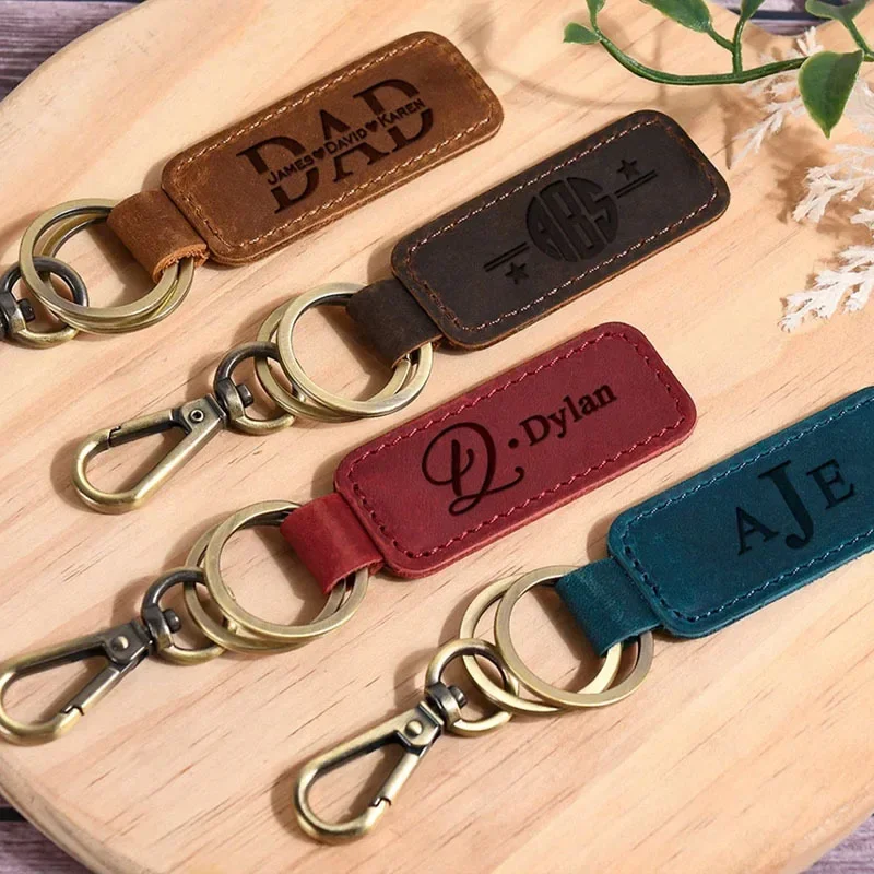 Laser Custom Logo Leather Keychain Engrave Vintage Keyring for Men Women Personalize Company Hotel Name Number Key Chain Ring